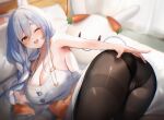  1girl animal_ear_fluff animal_ears ass black_pantyhose blue_hair blush braid breasts cleavage highres hololive large_breasts long_hair maru_ccy mature_female multicolored_hair one_eye_closed open_mouth pantyhose pekomama rabbit_ears rabbit_girl smile thick_eyebrows virtual_youtuber white_hair 