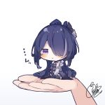  1girl 1other :i acheron_(honkai:_star_rail) asymmetrical_gloves beni_shake between_legs black_footwear black_gloves black_shorts blue_hair blush boots breasts chibi closed_mouth commentary_request elbow_gloves gloves hair_over_one_eye hand_between_legs hand_up honkai:_star_rail honkai_(series) in_palm long_hair medium_breasts out_of_frame pout purple_eyes shorts signature simple_background single_elbow_glove sitting solo_focus thigh_boots translation_request very_long_hair white_background 