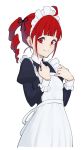  1girl ahoge anco8pizz apron black_dress commentary cowboy_shot dress drill_hair frilled_apron frills hair_tie hands_on_own_chest highres kasane_teto looking_at_viewer maid maid_apron maid_day maid_dress red_eyes red_hair short_hair sideways_glance smile solo utau white_apron white_background 