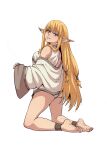  1girl absurdres anklet barefoot blonde_hair chuckuddin commentary ear_bar elf english_commentary eyelashes feet full_body hair_tubes highres jewelry kneeling long_hair looking_at_viewer low-tied_sidelocks parted_lips pointy_ears robe serie_(sousou_no_frieren) soles solo sousou_no_frieren toes very_long_hair white_robe wide_sleeves 