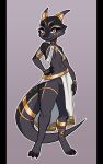 absurd_res anklet anthro black_body black_scales blue_gem cleo_(illustriousgrave) collar female genitals hi_res horn jewelry kobold middle_eastern_mythology mythology pussy scales scalie solo tail unknown_artist yellow_eyes yellow_pussy