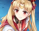  1girl asle bangs bishoujo_senshi_sailor_moon blonde_hair blush breasts chain choker cleavage cosplay earrings embarrassed ereshkigal_(fate/grand_order) fate/grand_order fate_(series) floor hair_ribbon jewelry long_hair looking_away looking_to_the_side necklace parody parted_bangs portrait red_eyes red_ribbon red_sailor_collar ribbon sailor_collar sailor_moon sailor_moon_(cosplay) sailor_moon_redraw_challenge sailor_senshi_uniform solo sweat tiara two_side_up 