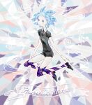 1other androgynous aqua_hair bad_drawr_id bad_id black_footwear black_necktie black_shirt black_shorts blue_eyes blue_hair bright_pupils character_name collared_shirt crystal_hair floating full_body gem_uniform_(houseki_no_kuni) houseki_no_kuni looking_at_viewer megamegaglass multicolored_background necktie other_focus outline parted_lips phosphophyllite puffy_short_sleeves puffy_sleeves shirt shoes short_hair short_sleeves shorts solo thighhighs white_outline white_pupils 