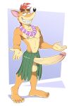 2024 activision anthro bandicoot biped crash_bandicoot crash_bandicoot_(series) digital_drawing_(artwork) digital_media_(artwork) genitals green_eyes hair hi_res hula_skirt long_penis looking_at_viewer male mammal marsupial penis red_hair smile smiling_at_viewer solo standing