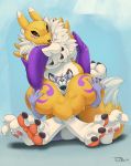  2019 3_toes anthro arm_length_gloves black_sclera blue_eyes breasts canid canine canis claws clothing digimon digimon_(species) digital_media_(artwork) duo female fingerless_gloves fingers fox fur gloves hand_on_thighs handwear leg_wrap male mammal open_mouth pawpads paws renamon simple_background size_difference slightly_chubby teaselbone teaselbone_(character) thick_thighs toe_claws toes tuft white_body white_fur wolf yellow_body yellow_fur 