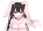  1girl absurdres ahoge animal_ears black_hair blush breasts cleavage collar colored_inner_hair fake_animal_ears frilled_collar frills headset highres iq033 long_hair multicolored_hair open_mouth original pink_eyes pink_hair rabbit_ears solo 