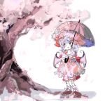  1girl :d bat_wings blush_stickers bow cherry_blossoms dress falling_petals footwear_bow frilled_dress frilled_hat frills full_body full_lake hat holding holding_umbrella looking_up mob_cap open_mouth petals pink_bow pink_dress pink_hat puffy_short_sleeves puffy_sleeves purple_hair red_eyes remilia_scarlet shoes short_sleeves shorts sketch smile solo standing touhou tree umbrella white_background wings 