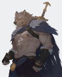 abs anthro biceps black_nose blaidd_(elden_ring) canid canine canis clothed clothing cuson elden_ring fromsoftware fur grey_body grey_fur hi_res male mammal melee_weapon muscular muscular_anthro muscular_male nipples pecs scar simple_background solo sword weapon wolf