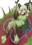  arm_up bell_orgel breasts colored_skin curly_hair detached_sleeves feet flower green_hair green_skin grin hair_ornament hands_up highres large_breasts leaf leaf_hair_ornament liquid long_hair man-eater_(claustrophyte)_(monster_girl_encyclopedia) monster_girl monster_girl_encyclopedia multicolored_hair nude pink_flower plant plant_girl pointy_ears red_eyes sharp_teeth smile spikes teeth twintails venus_flytrap white_hair 