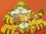  1boy alternate_eye_color animal_ears bara belly blonde_hair blush cum cum_on_hands feet furry furry_male green_eyes hair_over_one_eye huge_pectorals huge_penis large_hands large_testicles macan_(housamo) male_focus male_masturbation masturbation muscular muscular_male nipple_stimulation nipple_tweak nipples penis plump rossciaco sitting solo testicles thick_eyebrows thick_thighs thighs tiger_boy tiger_ears tokyo_afterschool_summoners tweaking_own_nipple uncensored yellow_fur 