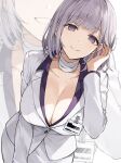  1girl bandaged_neck bandages breasts cleavage collarbone girls&#039;_frontline grey_hair highres jacket large_breasts long_sleeves looking_at_viewer puffy_long_sleeves puffy_sleeves purple_shirt rpk-16_(girls&#039;_frontline) shirt short_hair smile solo suit upper_body white_jacket yu_416416 