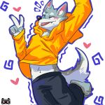 anthro athletic athletic_anthro athletic_male blue_eyes blush blush_lines canid canine canis chogakusei clothing countershade_fur countershading fur grey_body grey_fur hi_res hoodie jumping looking_at_viewer lumii male mammal solo tongue tongue_out topwear white_body white_countershading white_fur wolf