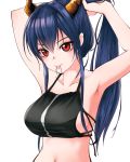  1girl arknights armpits arms_up bangs bare_arms bare_shoulders bikini black_bikini blue_hair breasts ch&#039;en_(arknights) chain&#039;s collarbone commentary dragon_horns hair_between_eyes hair_tie_in_mouth highres horns large_breasts long_hair looking_at_viewer mouth_hold navel ponytail red_eyes simple_background smile solo stomach swimsuit tying_hair upper_body white_background 