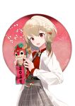  2024 absurdres blonde_hair coat dragon_horns floral_background grey_skirt highres holding horns l_plus_l nijigen_project nika_lan_linh open_mouth pleated_skirt red_eyes red_shirt shirt short_hair side_ponytail skirt smile toy virtual_youtuber white_coat 