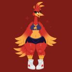 1:1 anthro avian banjo-kazooie bottomwear breegull clothing crop_top eyelashes feathers female footwear green_eyes hi_res kazooie long_neck multicolored_body multicolored_feathers navel naycelium rareware red_body red_feathers shirt shoes shorts solo tail thick_thighs topwear two_tone_body two_tone_feathers wide_hips