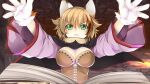  1girl animal_ears animal_hands arms_up atelier-moo book breasts brown_hair cat_ears cat_girl cat_paws cleavage closed_mouth dungeon feline_sora green_eyes hair_between_eyes highres large_breasts long_sleeves looking_at_viewer narrow_waist open_book outstretched_arms short_hair solo standing upper_body wizards_symphony 