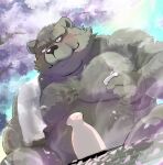 2024 absurd_res alcohol anthro bear belly beverage big_belly black_nose cherry_blossom detailed_background hachirouta hi_res humanoid_hands kemono male mammal moobs outside overweight overweight_male plant sake sake_bottle sake_dish sitting solo steam towel tree water