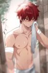  1boy alticute alticute_(vtuber) bandaged_arm bandages blurry blurry_foreground blush closed_mouth collarbone hair_between_eyes highres holding holding_towel indie_virtual_youtuber looking_down male_focus naked_towel navel nipples pectorals plant red_eyes red_hair short_hair signature solo toned toned_male topless_male towel virtual_youtuber wet wiping_face 