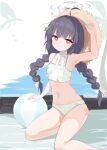  1girl 3126509135 absurdres ahoge bikini black_hair blue_archive braid breasts flat_chest halo hat highres leaf leaf_on_head leaf_print long_hair looking_at_viewer low_twin_braids miyu_(blue_archive) miyu_(swimsuit)_(blue_archive) navel official_alternate_costume open_mouth print_bikini red_eyes solo straw_hat swimsuit twin_braids white_bikini 