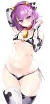  1girl absurdres animal_ears animal_print arm_behind_head arm_up armpits bangs bare_shoulders bell bell_collar bikini blush breasts bridal_gauntlets collar collarbone cow_bell cow_ears cow_horns cow_print detached_sleeves fate/grand_order fate_(series) hanasaki_houcha helena_blavatsky_(fate/grand_order) highres horns looking_at_viewer navel open_mouth purple_eyes purple_hair short_hair side-tie_bikini simple_background small_breasts sweat swimsuit thighhighs thighs white_background 