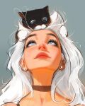  1girl animal animal_on_head bare_shoulders black_cat blue_eyes cat earrings eye_contact grey_background highres jewelry looking_at_another looking_up on_head original sam_yang simple_background solo white_hair 