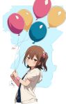  1girl balloon blue_background blue_shirt blush brown_eyes brown_hair closed_mouth commentary_request cropped_torso double-parted_bangs from_side hair_between_eyes hair_ornament hair_scrunchie hairclip highres holding holding_balloon hood hood_down hooded_jacket idolmaster idolmaster_million_live! jacket kasuga_mirai looking_at_viewer looking_to_the_side one_side_up open_clothes open_jacket pink_scrunchie pink_wristband rauto scrunchie shirt solo turning_head two-tone_background upper_body white_background white_jacket 
