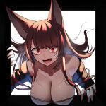  1girl :d akagi_(azur_lane) akaoni_(zumt3548) animal_ears azur_lane black_border black_kimono border breasts brown_hair brown_tail crazy_eyes crazy_smile eyeliner eyeshadow fang fourth_wall fox_ears fox_girl highres japanese_clothes kimono kitsune large_breasts long_hair long_sleeves looking_at_viewer makeup open_mouth outside_border reaching reaching_towards_viewer red_eyes smile solo through_medium through_screen wide-eyed 