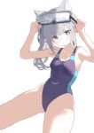  1girl absurdres animal_ear_fluff animal_ears black_one-piece_swimsuit blue_archive blue_eyes breasts competition_swimsuit covered_navel cowboy_shot cross_hair_ornament diving_mask diving_mask_on_head extra_ears goggles goggles_on_head grey_hair hair_ornament halo highres ichibanboshi_yuzu low_ponytail medium_hair mismatched_pupils multicolored_clothes multicolored_swimsuit official_alternate_costume one-piece_swimsuit shiroko_(blue_archive) shiroko_(swimsuit)_(blue_archive) simple_background small_breasts solo swimsuit white_background wolf_ears 