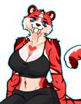 absurd_res anthro ayannzer blue_eyes blush bottomwear breasts cleavage clothed clothing felid female fur heart_(marking) heart_symbol hi_res looking_at_viewer mammal markings melody_ampersand pants red_body red_fur saber-toothed_tiger smile smiling_at_viewer solo stripes tail topwear
