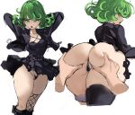  1girl anus ass breasts fishnets goth_fashion green_eyes green_hair highres one-punch_man pussy rakeemspoon simple_background sketch small_breasts spread_ass tatsumaki thick_thighs thighs thong white_background 