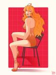  :p absurdres antenna_hair artist_name bare_shoulders blonde_hair border bow bowtie breasts chair dress earrings highres hoop_earrings jewelry large_breasts orange_bow orange_bowtie orange_dress orange_footwear purple_eyes red_background rwby sitting tongue tongue_out wavy_hair white_border yang_xiao_long yellow_nicky 