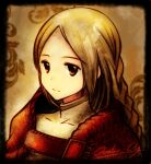  1girl blonde_hair braid brown_eyes cape character_name closed_mouth dress final_fantasy final_fantasy_tactics highres looking_at_viewer ovelia_atkascha red_cape seioudou signature simple_background solo upper_body white_dress 