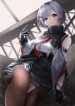  1girl absurdres azur_lane bare_shoulders belt black_belt black_hairband black_legwear blush breasts closed_mouth eyebrows_visible_through_hair grey_hair hair_between_eyes hair_ornament hairband hairclip highres hitsuji_(sheepsb22) large_breasts long_sleeves looking_at_viewer metal_gloves necktie pantyhose purple_eyes red_neckwear reno_(azur_lane) shirt short_hair skirt smile solo underboob white_shirt wide_sleeves 