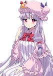  1girl arm_up bangs blush bow bowtie breasts bright_pupils commentary crescent crescent_hair_ornament double_bun dress finger_to_cheek hair_ornament hand_on_own_thigh hat hat_ribbon highres light_smile long_hair looking_at_viewer medium_breasts mob_cap open_clothes open_robe patchouli_knowledge pink_headwear pink_robe purple_hair red_eyes red_neckwear ribbon robe sidelocks simple_background sitting solo striped striped_dress touhou tsukimirin very_long_hair white_background white_pupils 