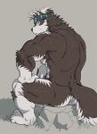  1boy ainu_clothes animal_ears ass bara completely_nude convenient_leg furry furry_male grey_fur grey_hair headband horkeu_kamui looking_at_viewer looking_back male_focus muscular muscular_male nude pectorals profile rock rossciaco sidepec sitting solo tokyo_afterschool_summoners two-tone_fur wet wolf_boy wolf_ears yellow_eyes 