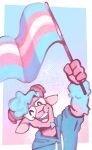 anthro blue_background blue_body blue_fur bovid caprine clothing curved_horn eyes_closed eyewear flag fur glasses hoodie horn lgbt_pride male mammal moche_(mocheccino) mocheccino open_mouth open_smile pink_body pink_fur pride_colors sheep simple_background smile solo stubble topwear trans_visibility_day transgender_pride_colors wool_(fur) wool_hair