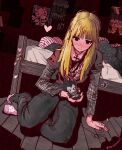  1girl amane_misa bed blonde_hair blush character_doll cross cross_necklace death_note denim heart highres indoors jeans jewelry mushymoss necklace pants pink_socks poster_(object) ring ryuk smile socks 