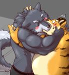  2015 anthro barazoku belly blush canid canine canis clothing duo eyes_closed felid hi_res hug humanoid_hands kemono kissing male male/male mammal muscular overweight overweight_male pantherine simple_background tiger underwear wdh3905 wolf 