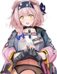  absurdres anger_vein animal_ears arknights cat_ears cat_girl clothes_lift coat floppy_ears goldenglow_(arknights) hairband highres id_card jacket multicolored_clothes multicolored_jacket nopetroto pink_coat pink_hair pink_jacket print_hairband two-tone_jacket yellow_eyes 