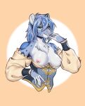 2024 5_fingers anthro areola bethesda_softworks blue_body blue_eyes blue_hair blue_spots breasts chest_tuft clothing corset felid feline female fingers fur grey_body grey_fur hair hi_res inner_ear_fluff khajiit leopard lingerie looking_at_viewer m&#039;ria_(maks_hunt) mammal markings medium_breasts nipples pantherine pink_areola pink_nipples pink_nose shirt simple_background smile snow_leopard solo spots spotted_body spotted_fur text the_elder_scrolls tom_ree topwear tuft underbust_corset url white_body white_fur