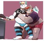 2024 anthro belly big_belly blush bulge canid canine canis clothing cooking domestic_dog duo eyewear glasses hi_res humanoid_hands kemono male mammal overweight overweight_male realiron_(artist) shirt topwear underwear