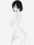  1girl absurdres breasts commentary from_side fubuki_(one-punch_man) greyscale highres looking_at_viewer medium_breasts monochrome mostlybluewyatt one-punch_man parted_lips see-through shirt short_hair short_sleeves simple_background smile solo thighs unfinished white_background 