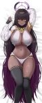  1girl absurdres black_hair black_thighhighs blue_archive breasts dakimakura_(medium) dark-skinned_female dark_skin egyptian_clothes halo highres jewelry karin_(blue_archive) large_breasts long_hair long_sleeves lying multicolored_hair navel on_back open_mouth purple_halo thighhighs thighs tyrzul very_long_hair yellow_eyes 