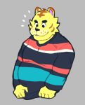  absurd_res animal_crossing anthro bariumfox clothed clothing felid fingers fur grey_background hi_res male mammal musclegut nintendo pantherine pattern_clothing simple_background solo striped_clothing stripes sweater tiger topwear tybalt_(animal_crossing) video_games yellow_body yellow_fur 