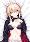  1girl absurdres artoria_pendragon_(all) artoria_pendragon_(swimsuit_rider_alter) bangs bare_shoulders bikini black_bikini black_jacket blonde_hair blush braid breasts choker collarbone dakimakura fate/grand_order fate_(series) french_braid frilled_bikini frilled_choker frills highres jacket long_hair long_sleeves looking_at_viewer maid maid_headdress medium_breasts navel open_clothes open_jacket sakiyamama swimsuit yellow_eyes 