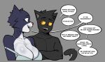 absurd_res anthro arthur_(ghozt) biped black_body black_fur blue_body blue_eyes blue_fur breasts cleavage clothed clothing dialogue domestic_cat duo felid feline felis female fur ghozt grey_background hi_res lucy_(ghozt) male mammal red_eyes simple_background speech_bubble tail