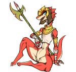 alpha_channel anthro blue_eyes bottomless clothed clothing color_edit colored countershade_torso countershading digital_drawing_(artwork) digital_media_(artwork) drauk ever_oasis female genitals guoh halberd hi_res melee_weapon miura navel nintendo open_mouth open_smile polearm pussy red_body scalie simple_background sitting smile solo third-party_edit transparent_background weapon