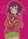  1girl absurdres blush buzzlyears cowboy_shot fingerless_gloves gloves green_eyes green_shorts highres hood hood_down hoodie looking_to_the_side mega_man_(series) mega_man_star_force nervous_sweating pink_background pink_hoodie red_gloves red_hair shorts solo sonia_strumm_(mega_man) sweat tears yellow_gloves 