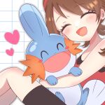  1girl 3656_chan black_shorts blush brown_hair closed_eyes commentary_request eyelashes grid_background heart highres hug may_(pokemon) mudkip open_mouth pokemon pokemon_(creature) pokemon_oras red_shirt shirt shorts sleeveless sleeveless_shirt 