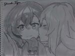  2girls blush closed_eyes commentary derivative_work greyscale hair_between_eyes kiss kissing_cheek kouzuki_mahiru long_hair looking_at_viewer monochrome multiple_girls scarf screenshot_redraw short_hair signature spoilers traditional_media yamanouchi_kano yoru_no_kurage_wa_oyogenai yoruneko_(liampadolina) yuri 